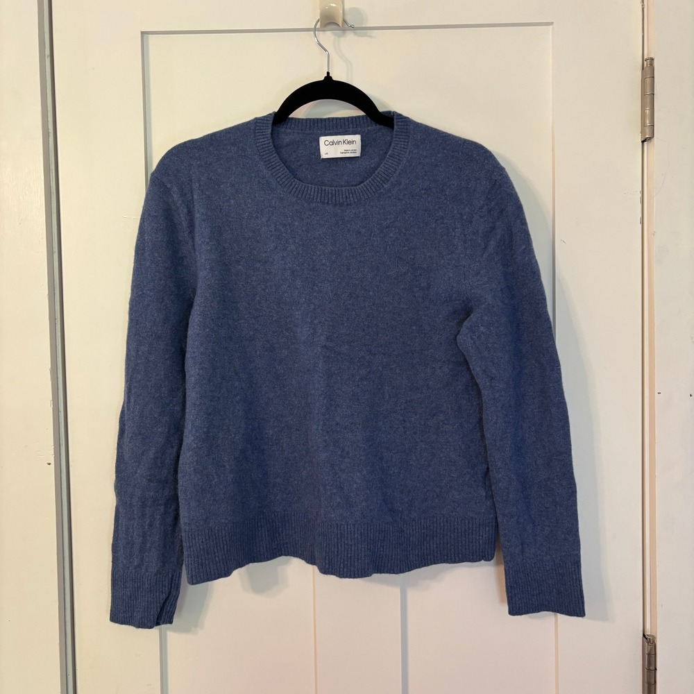 Calvin Klein Mens 100% Wool Crewneck Sweater - Large - Blue Merino Knit Pullover